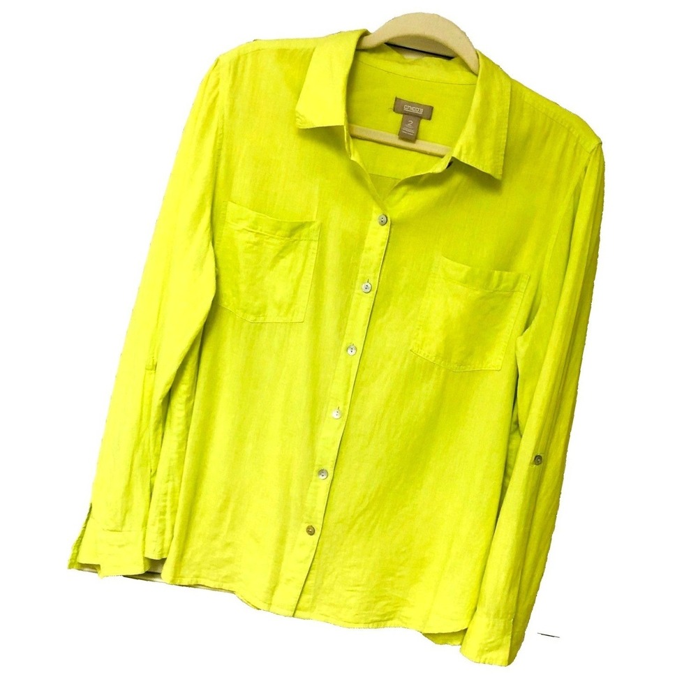 Chico's‎ 2 Linen Blend Shirt Lime Green Roll Tab Office Casual Fairy Womens L
